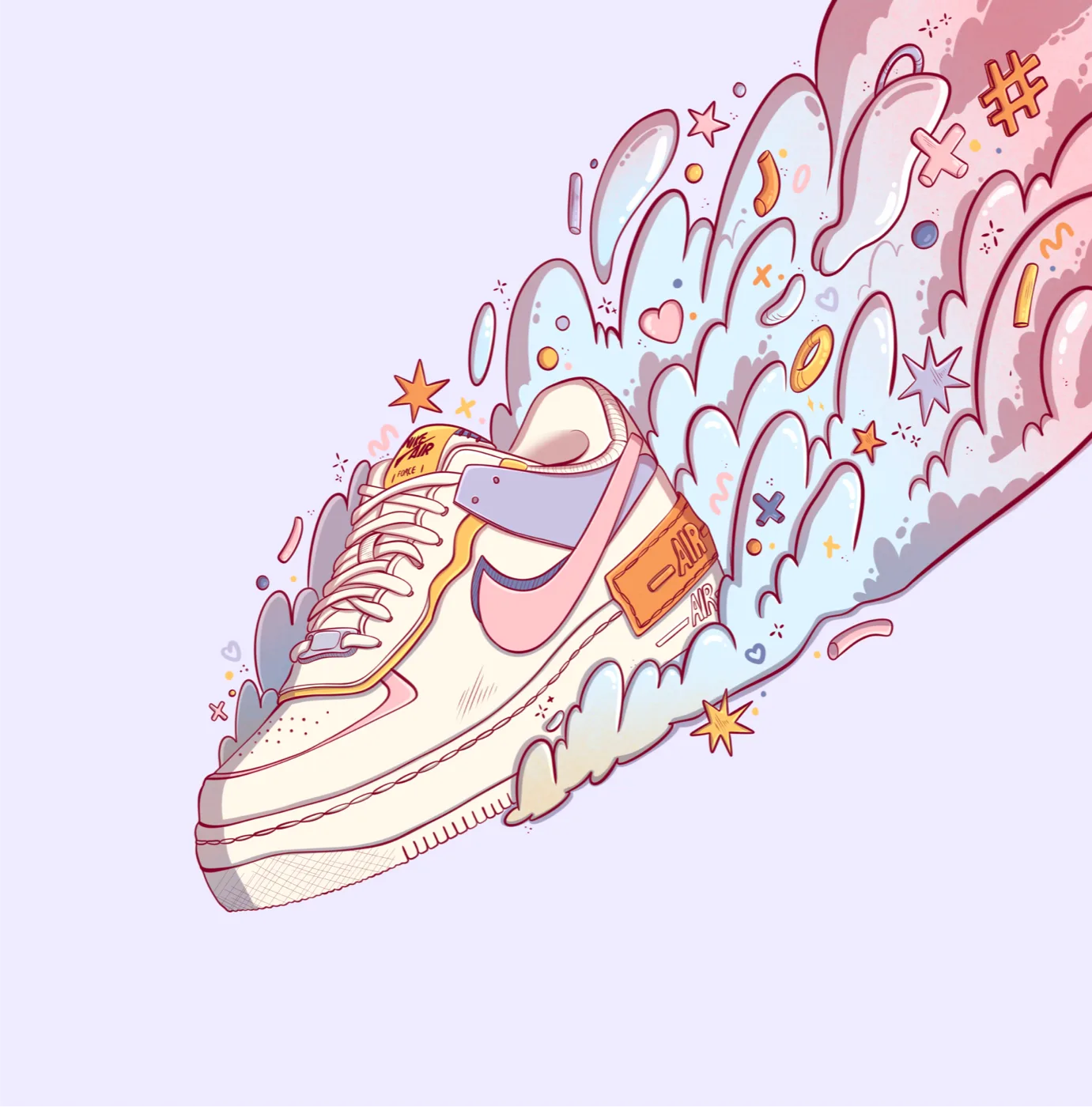 Concept illustration of a sneaker dissolving into clouds and doodles — illustration by Lizy Del Busto